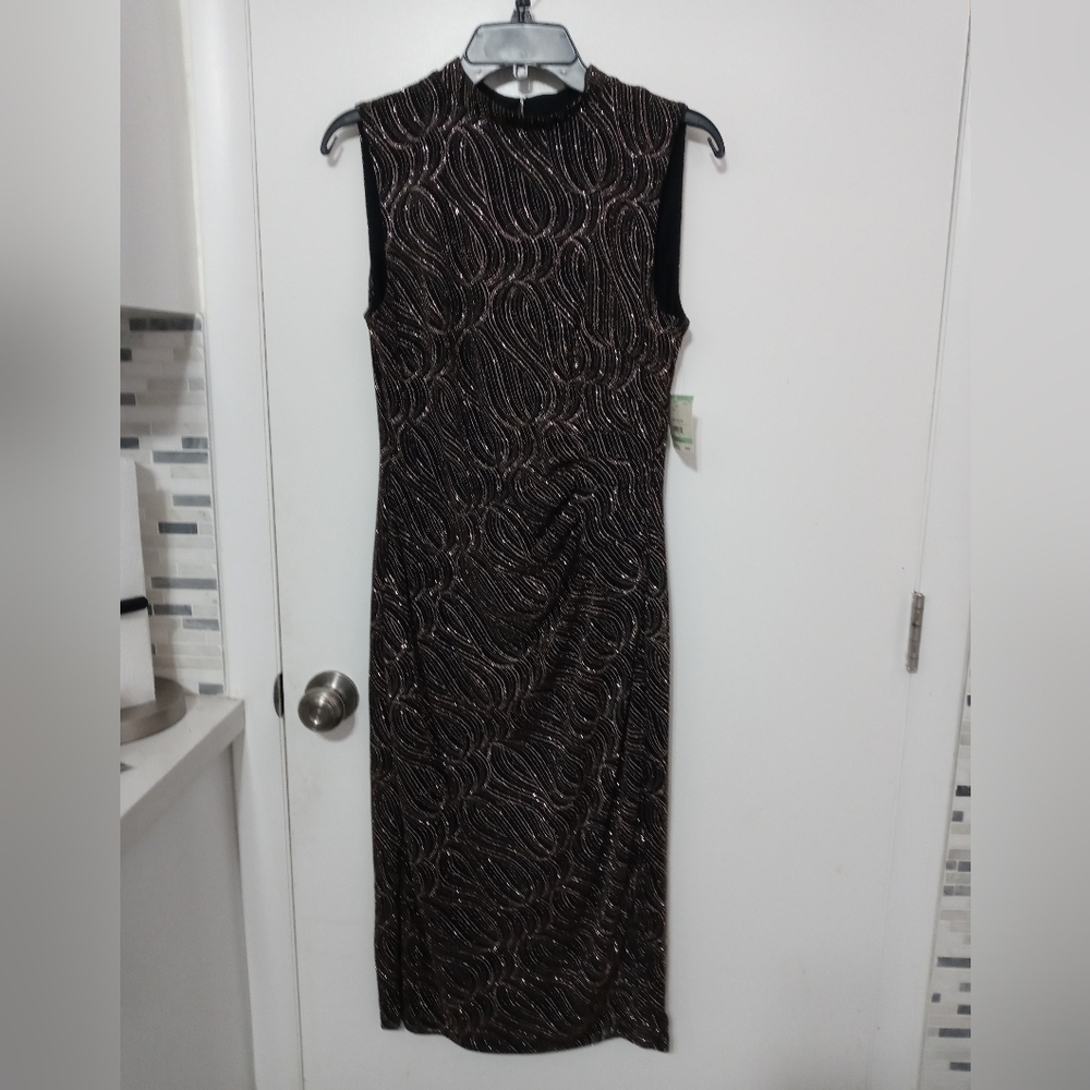 Anne Klein Sleeveless Black Gold Sparkle Pencil Dress Ruched Lined NWT